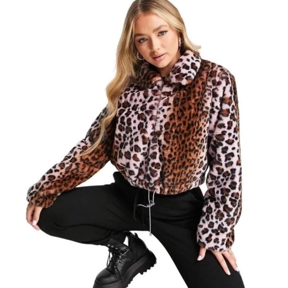 Kendall & Kylie faux fur pink leopard crop jacket